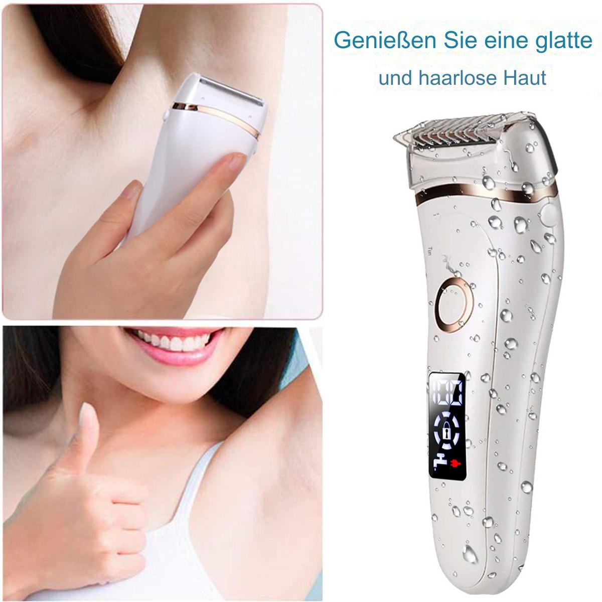 Frau benutzt weißen Epilierer. Nahaufnahme des Epilierers mit Digitalanzeige und Wassertropfen.