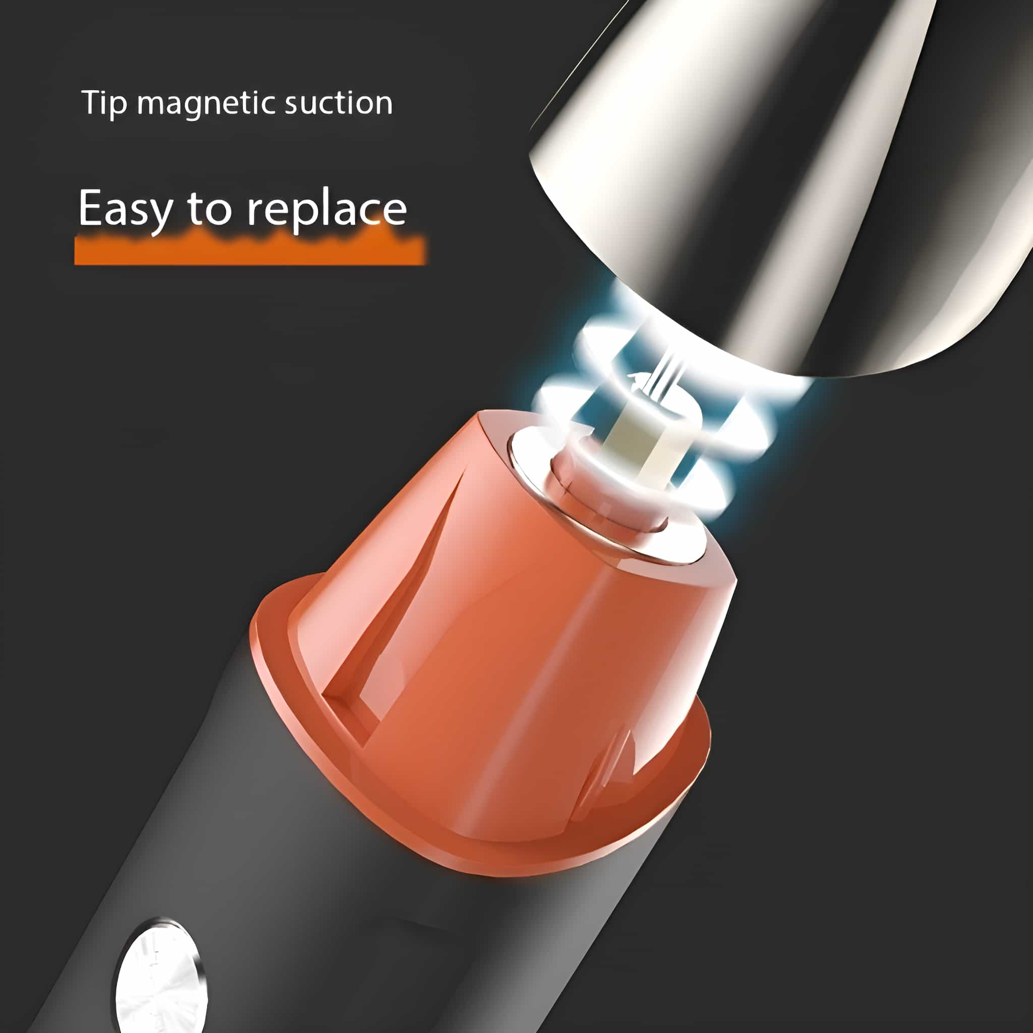 Nahaufnahme eines Geräts mit magnetischer Spitze. Orange und schwarze Farben sind sichtbar.