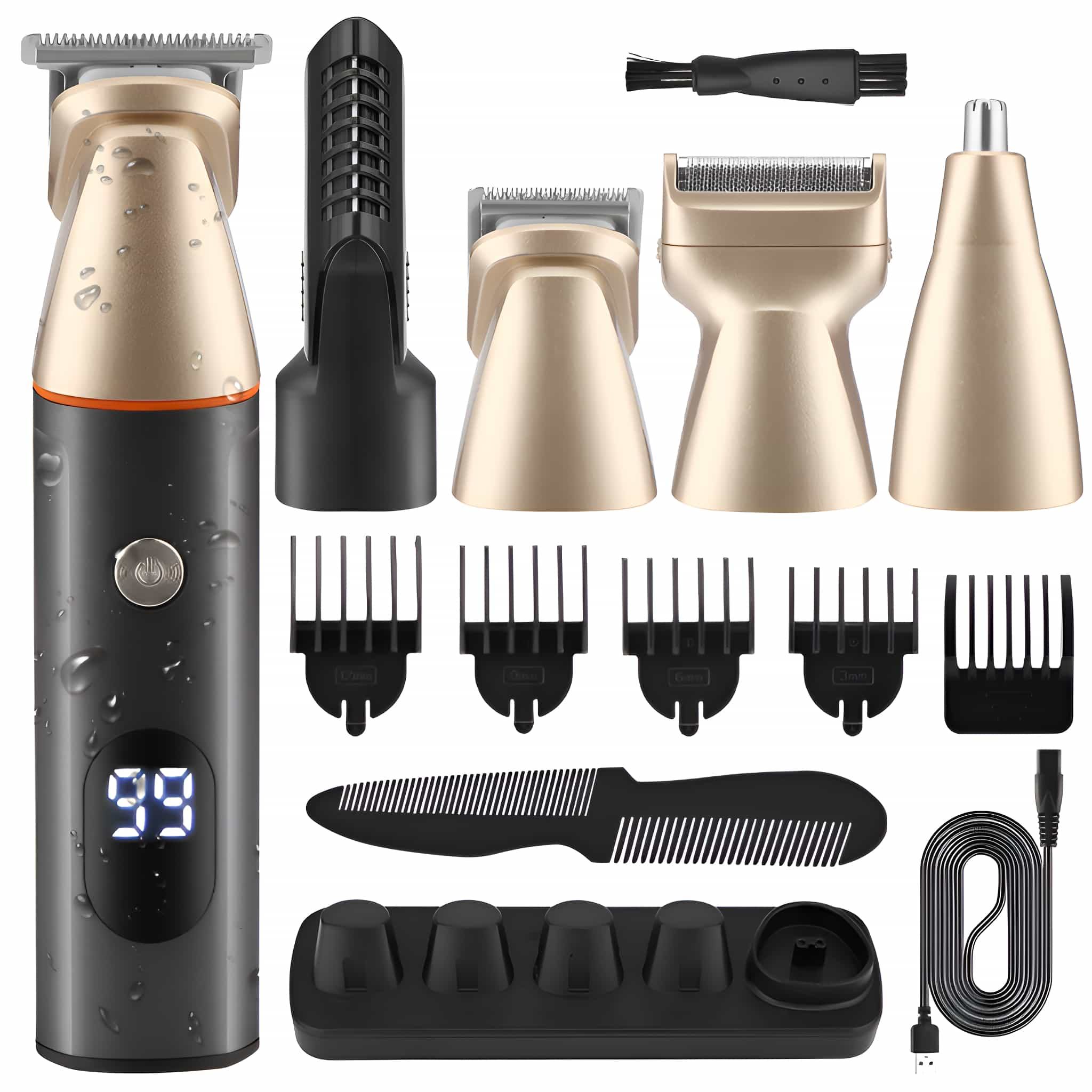 Ein Set mit Pflegeutensilien, darunter ein Trimmer, mehrere Köpfe, Kämme, eine Bürste und ein Ladegerät.