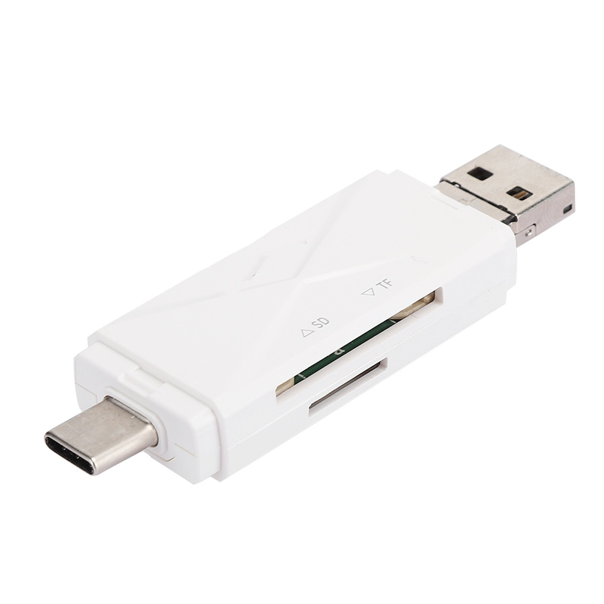 Weißer Kartenleser mit USB- und Typ-C-Anschlüssen, für SD- und TF-Karten.