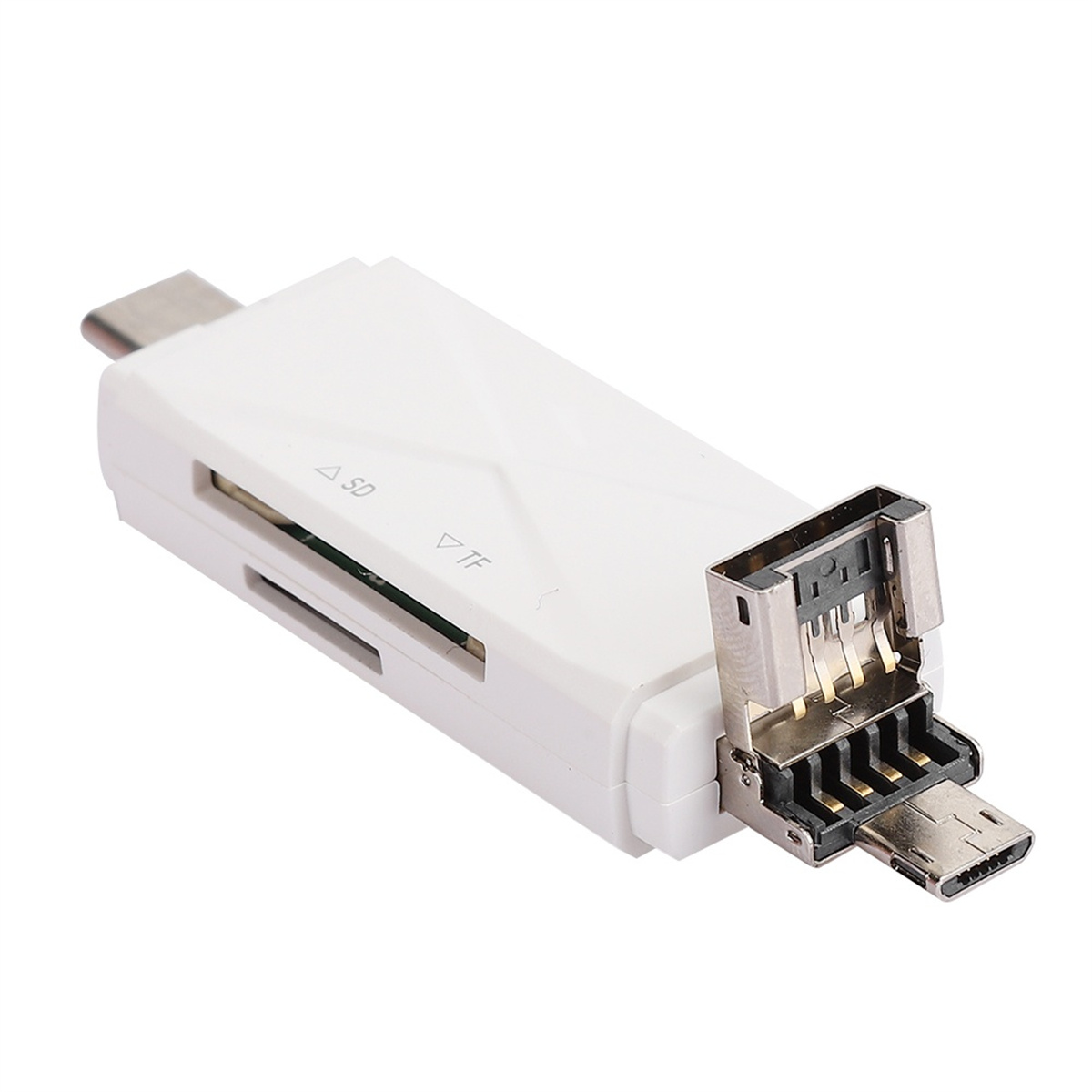 Ein weißer Multiport-Adapter mit USB-, SD- und TF-Kartensteckplätzen, mit ausgefahrenem Anschluss.