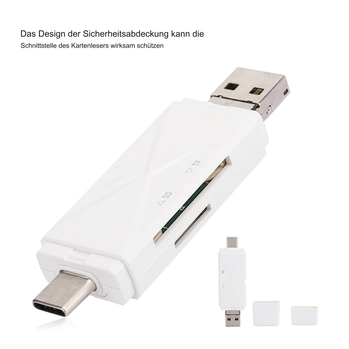 Wei ßer Kartenleser mit USB- und SD-Kartensteckplätzen und einem USB-C-Anschluss.