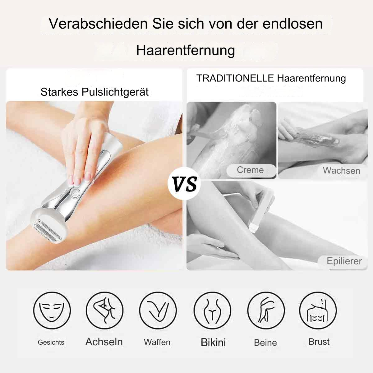 Beine mit Text und Symbolen, die Enthaarungsmethoden mit Laser-Haarentfernung vergleichen.