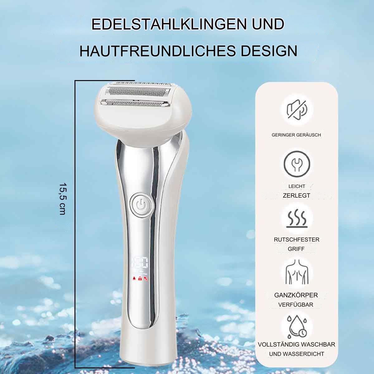 Weißer und silberner elektrischer Rasierer mit Text und Maßen auf weißem Grund.