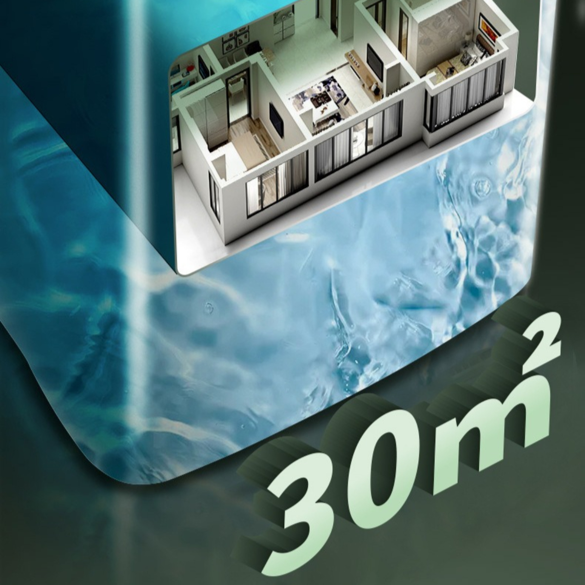 Ein 3D-Modell eines 30 m² großen Apartment-Interieurs mit blau-wasserartigem Hintergrund.
