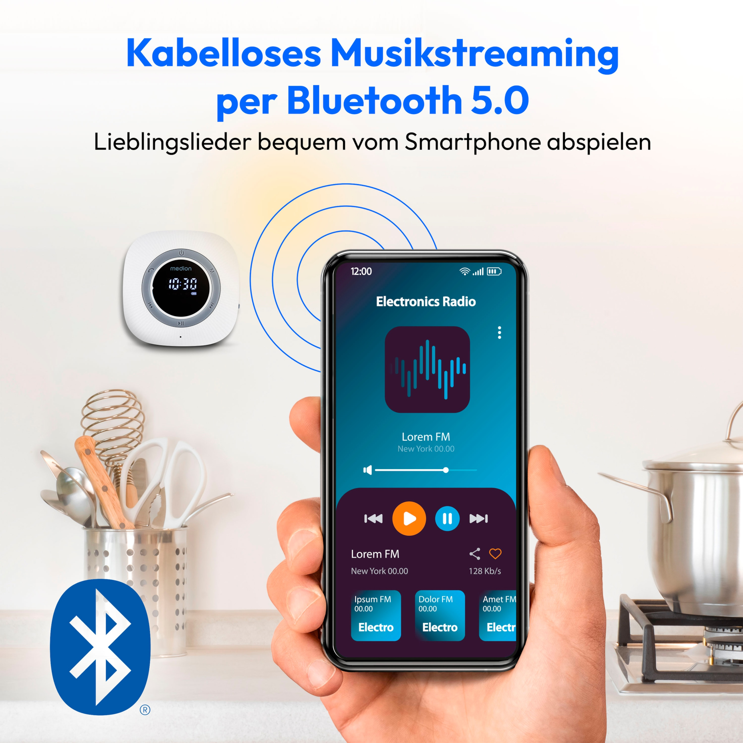 A phone shows a music app, near a clock radio and kitchen items, with Bluetooth logo.