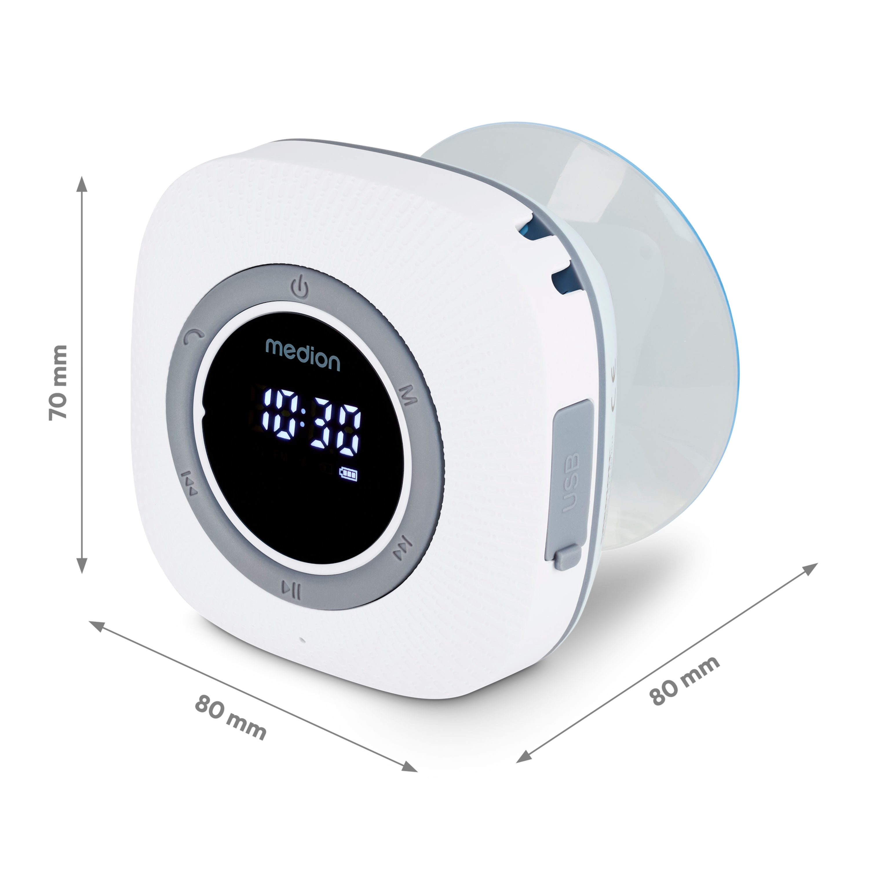 White waterproof speaker with suction cup. Display shows time.