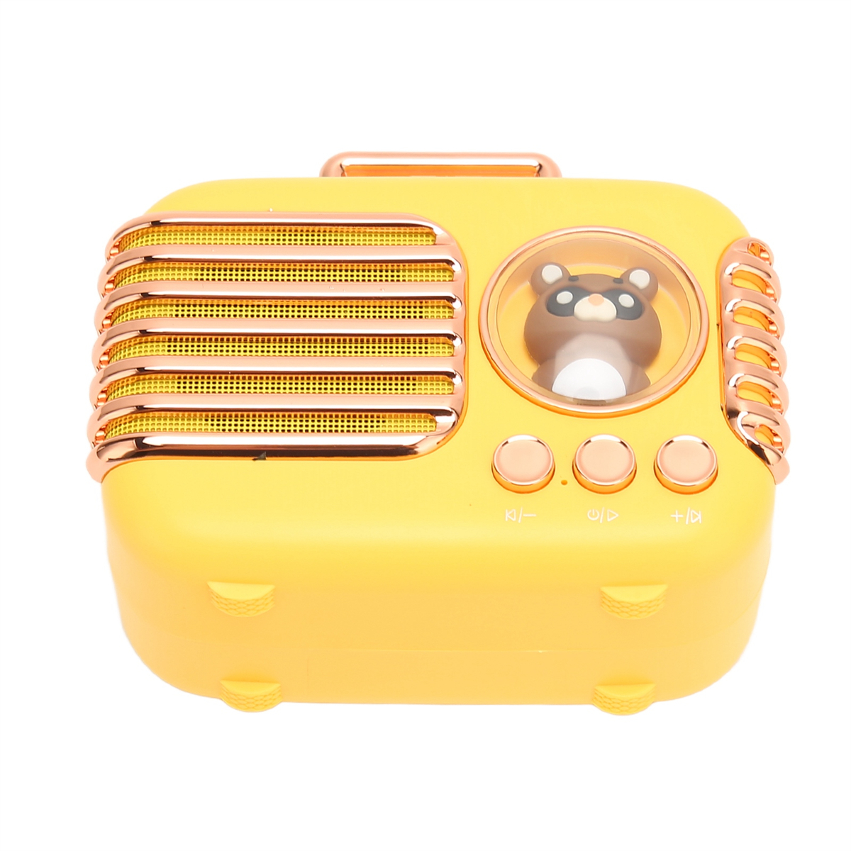 Gelbes Retro-Radio mit goldenen Akzenten, einer Bärenfigur und Knöpfen. Es befindet sich auf weißem Hintergrund.