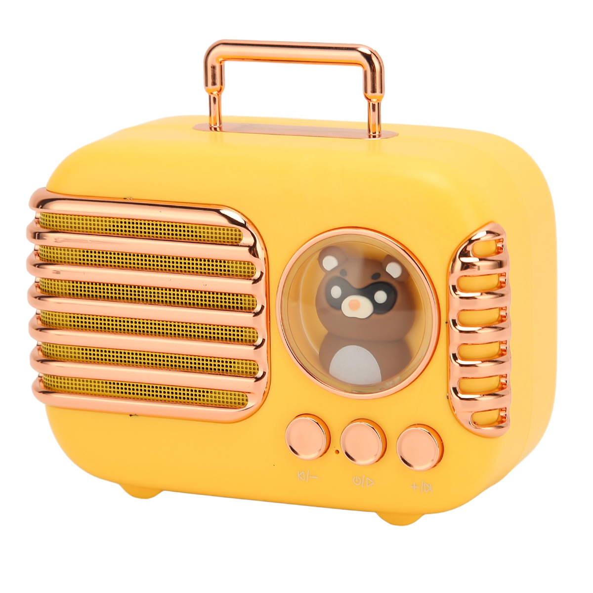Gelbes Radio im Retro-Stil. Bärenfigur im Fenster. Goldfarbener Griff und Lautsprechergitter.