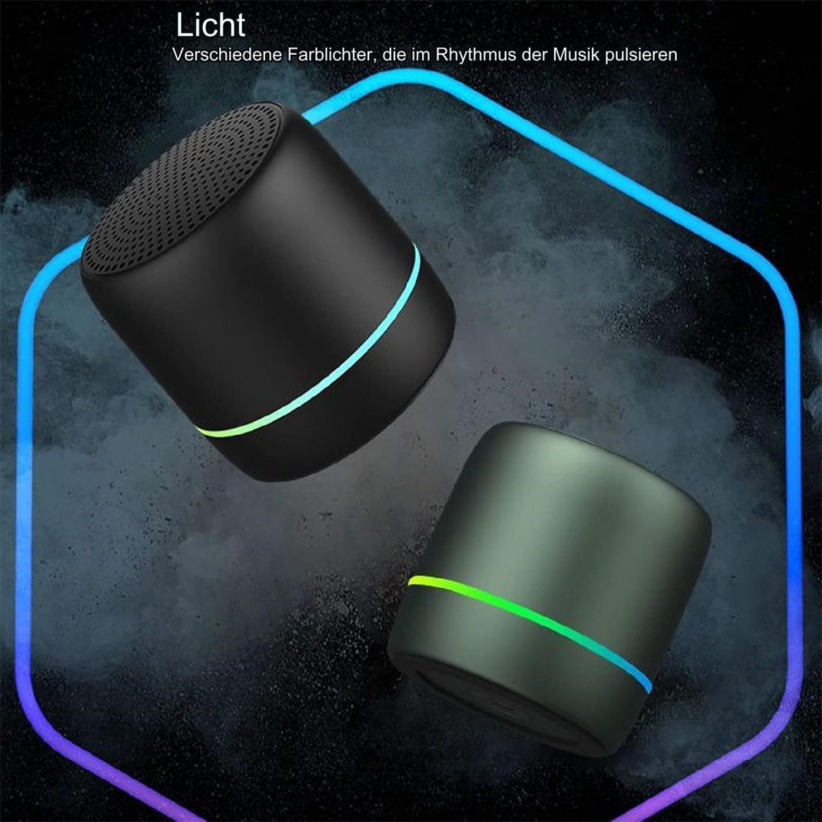 Zwei kleine schwarze Lautsprecher mit farbigen Lichtstreifen. Einer hat grüne, der andere blaue Lichtstreifen.