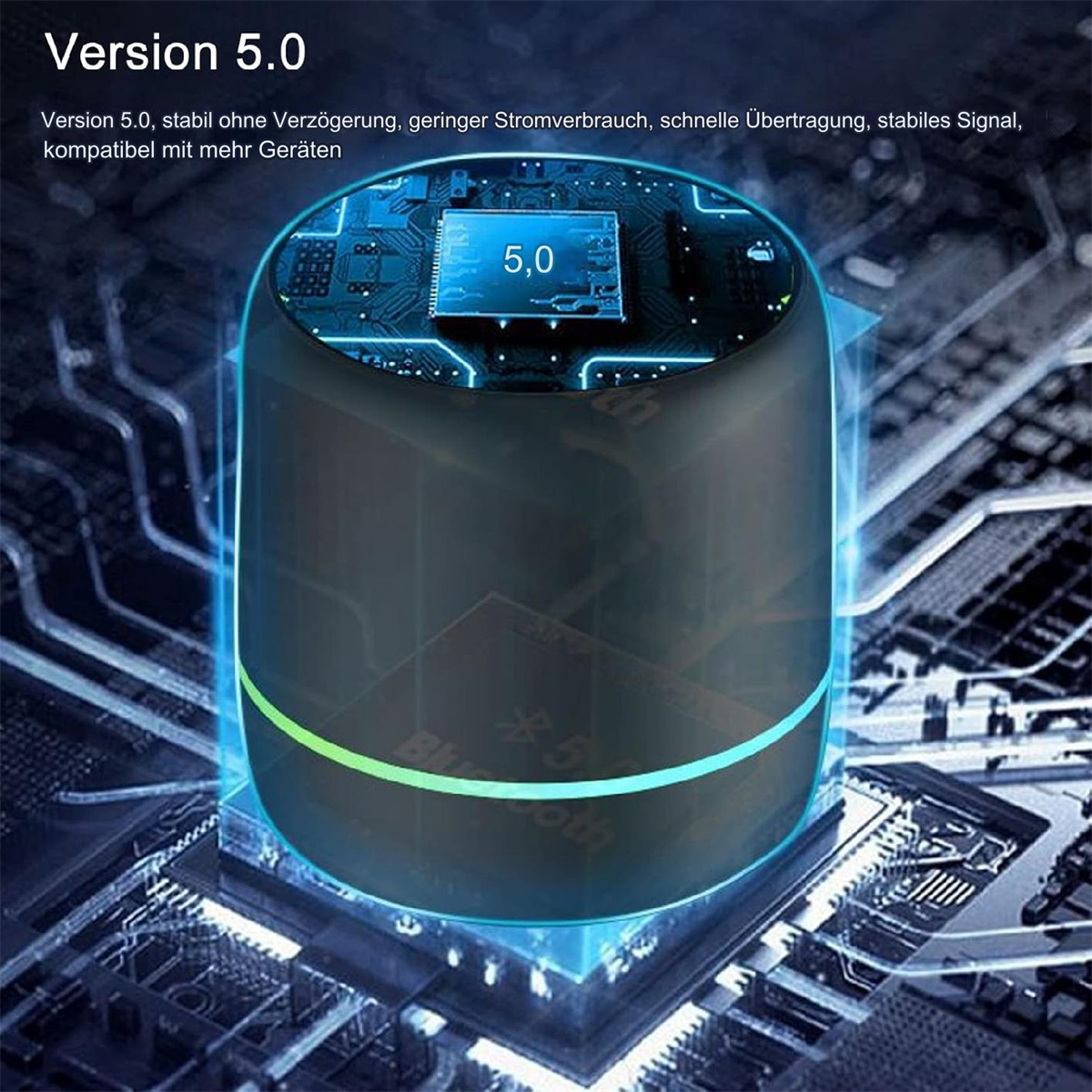 Schwarzer Bluetooth-Lautsprecher mit blau und grün leuchtenden Bändern, umgeben von Leiterplattendetails.