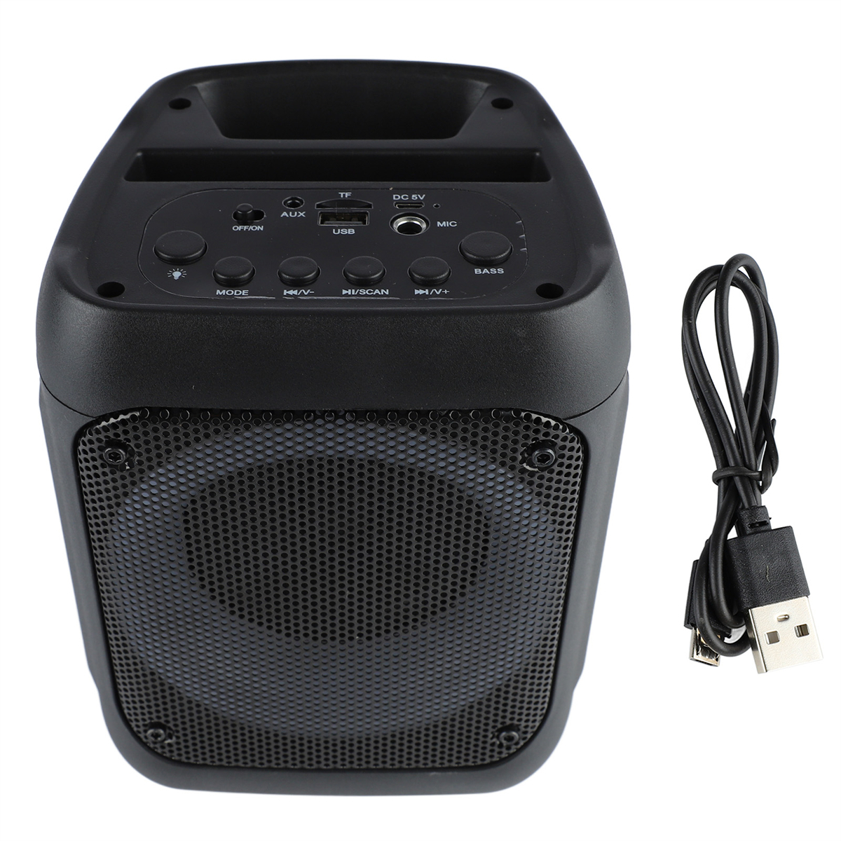 Schwarzer tragbarer Lautsprecher mit Knöpfen und Anschlüssen oben sowie einem USB-Kabel. Mesh-Front.