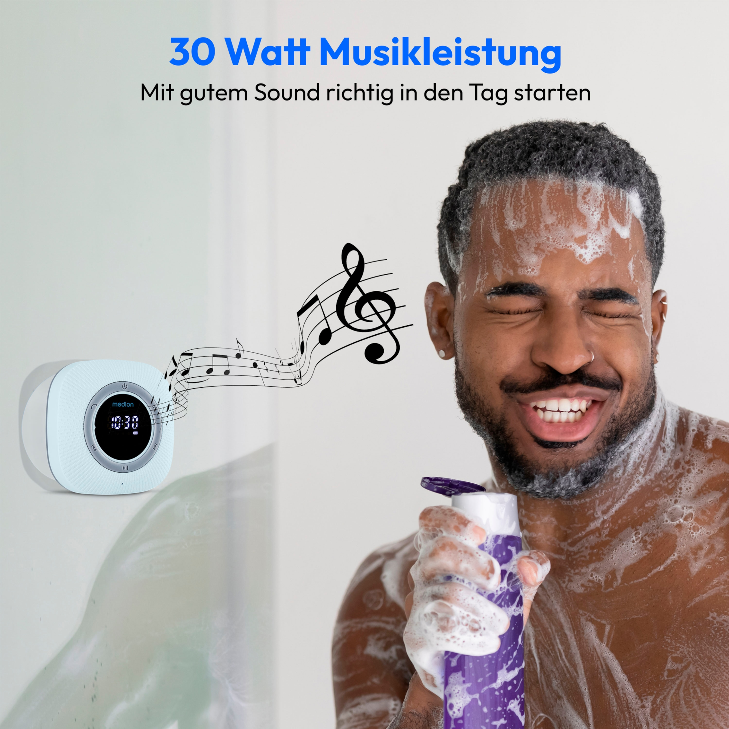 A man in a shower singing with a shampoo bottle, with musical notes and a clock radio.
