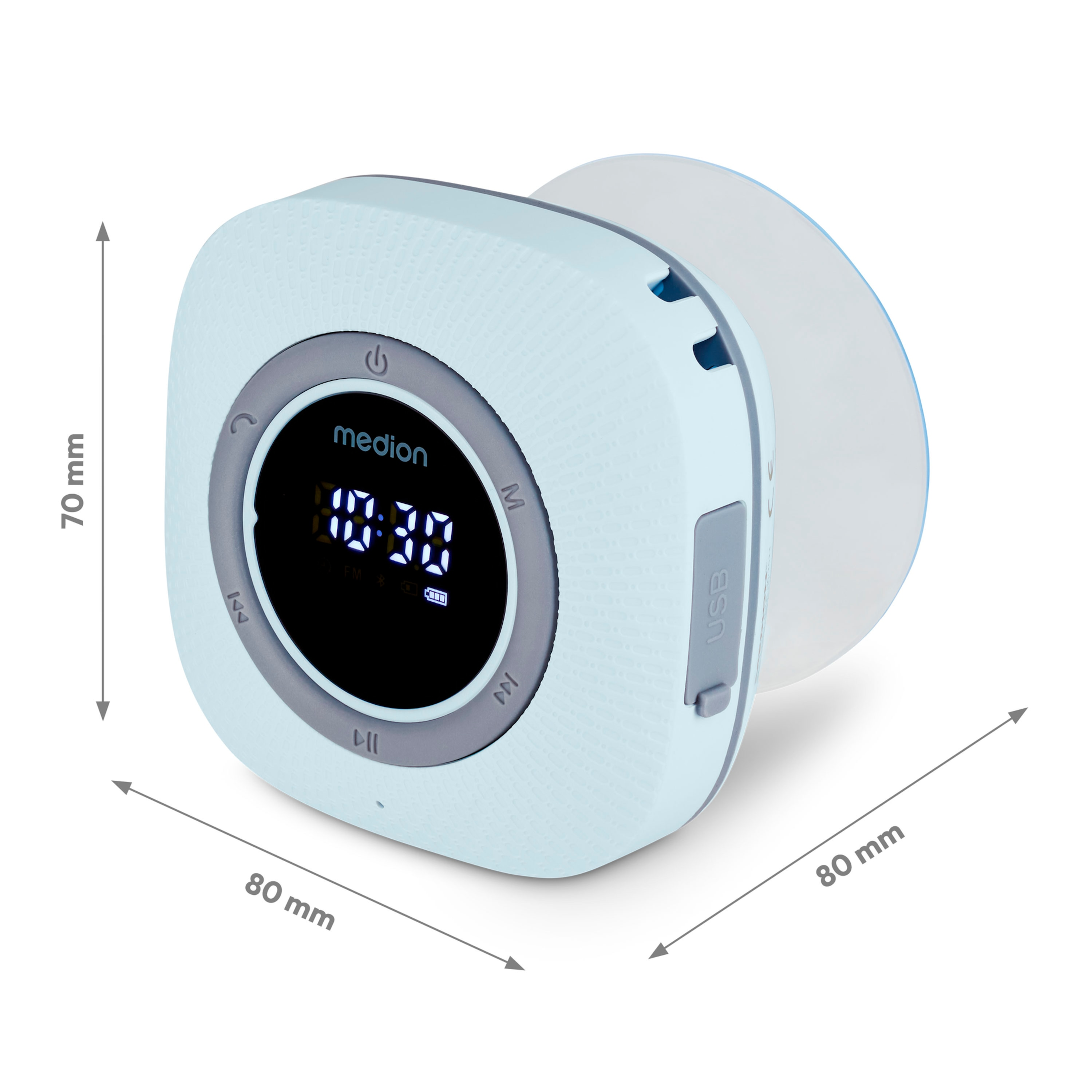 A white clock radio, with a screen showing the time, has a light blue border around it.