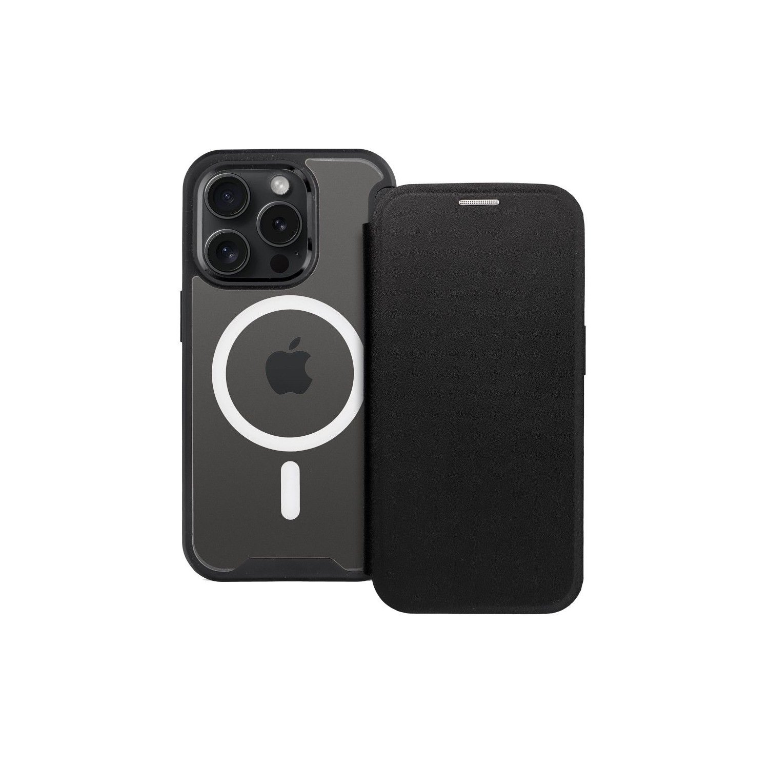 Custodia nera per iPhone con coperchio. Il telefono ha tre fotocamere.
