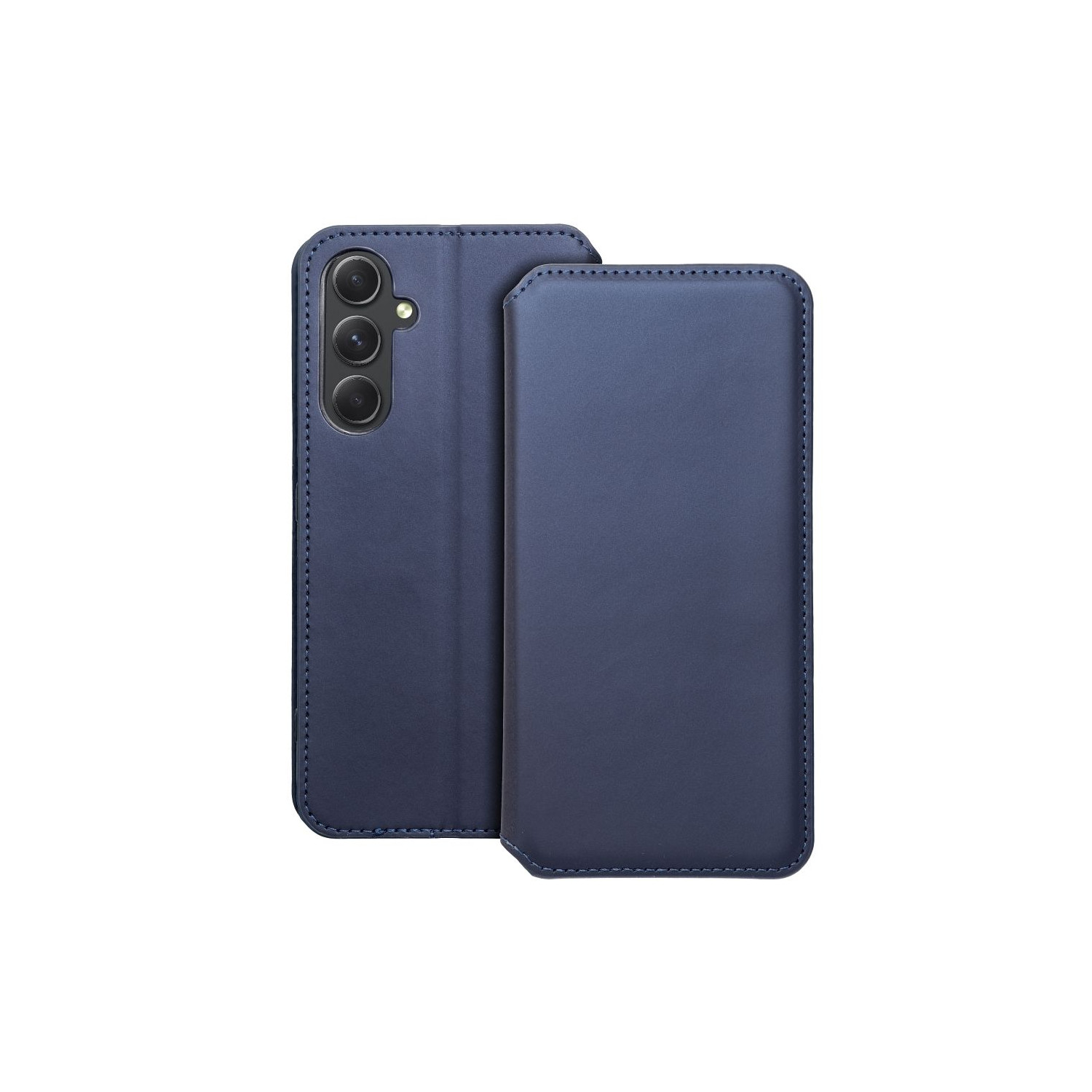 Custodia blu per telefono, aperta, mostra il telefono e la fotocamera.