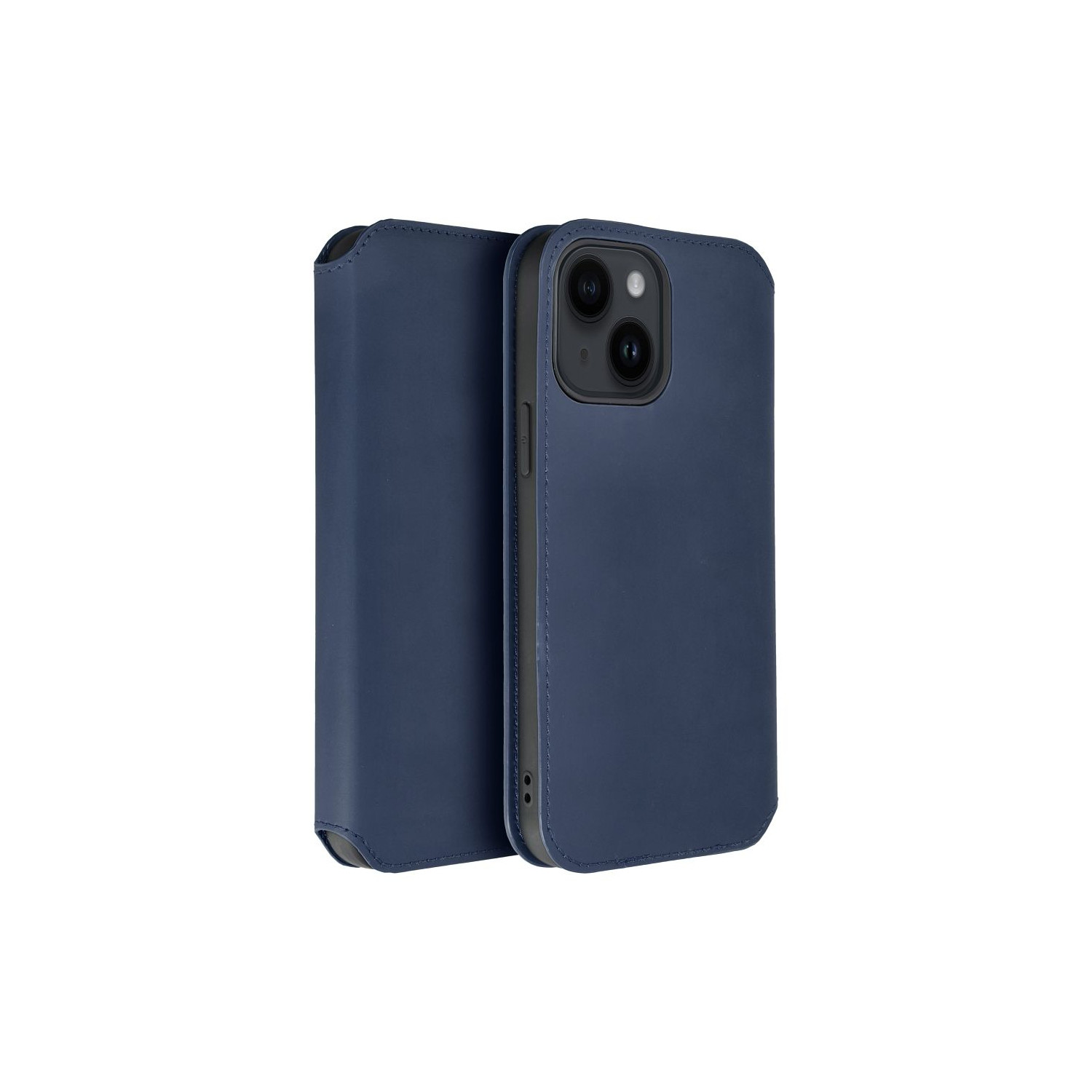 Una custodia per telefono blu, parzialmente aperta, su sfondo bianco.