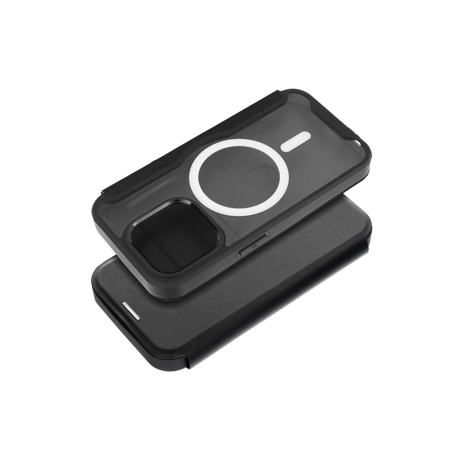 Custodia per telefono nera con caricatore MagSafe circolare sopra una base nera. Isolato.