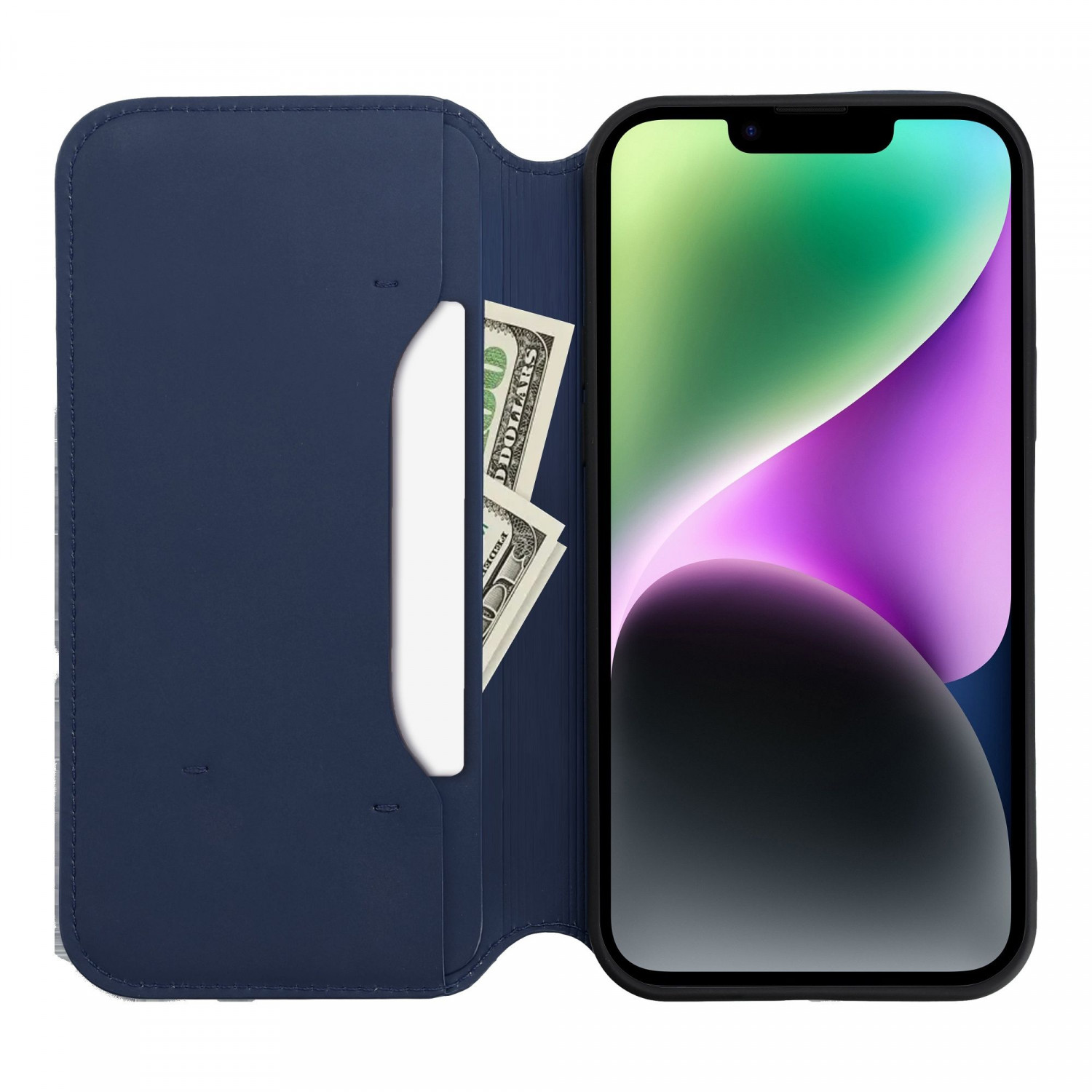 Custodia blu per telefono con denaro nella fessura per carte e telefono con schermo colorato.