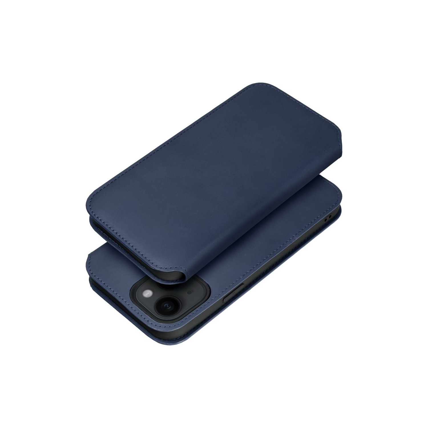Custodia blu per telefono, aperta e che mostra la fotocamera, isolata su bianco.