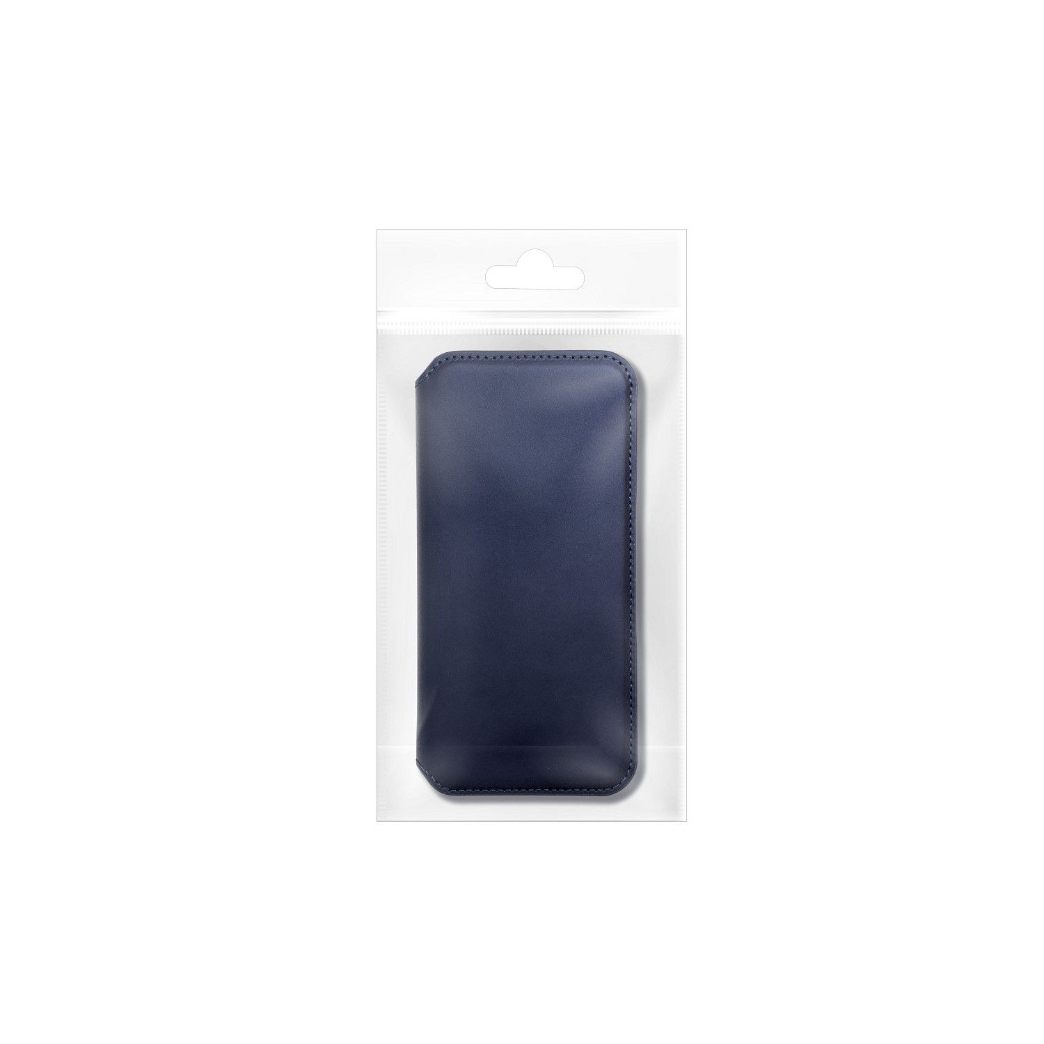 Una custodia per telefono blu scuro in una confezione di plastica trasparente con gancio.