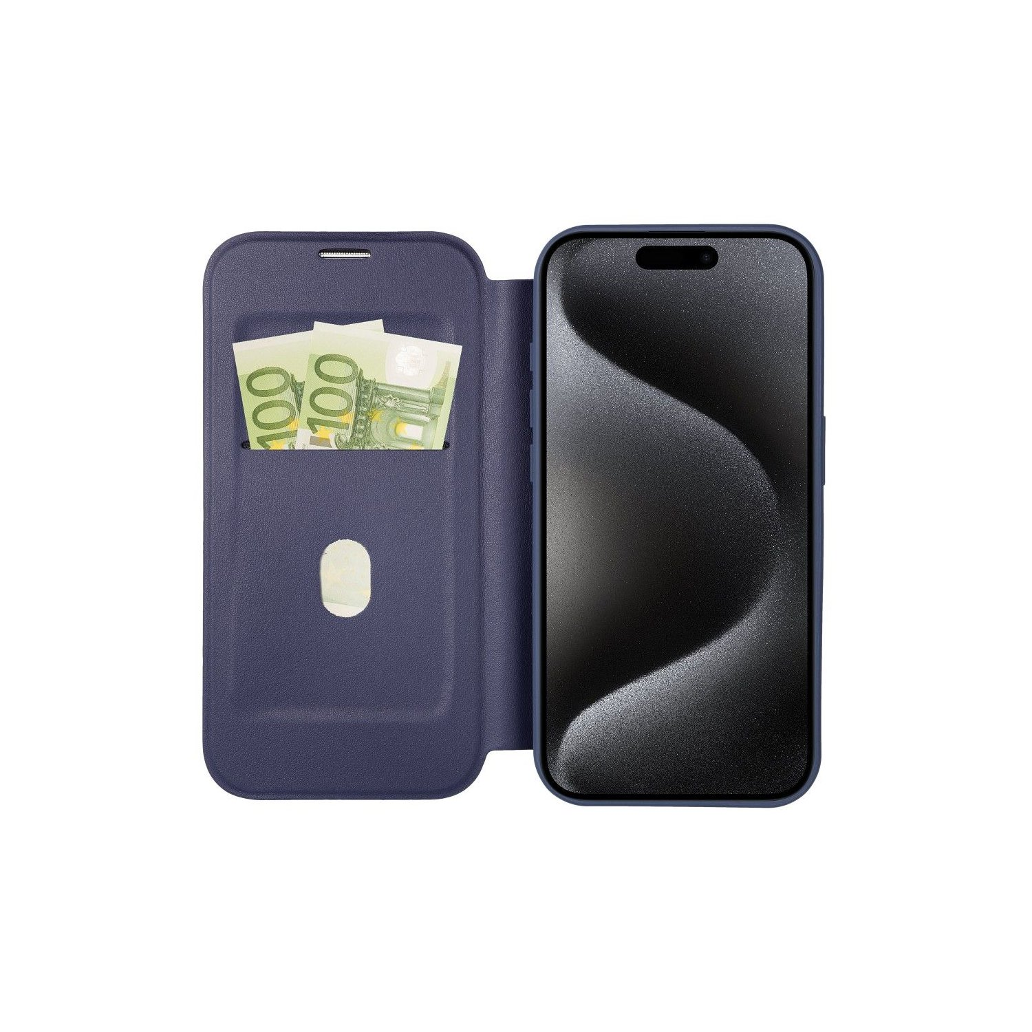 Una custodia blu per telefono con denaro e un telefono all'interno. Aperta per mostrare telefono e banconote.