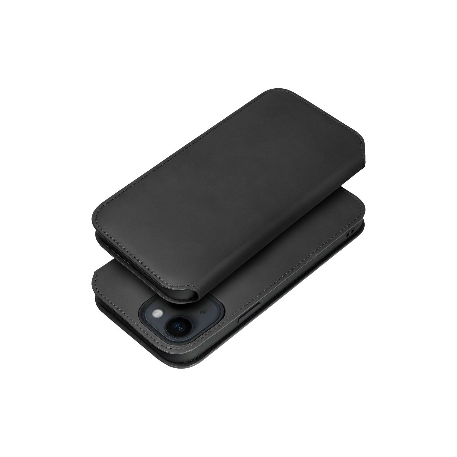 Una custodia per telefono nera chiusa, sopra un telefono. Il telefono ha una fotocamera.