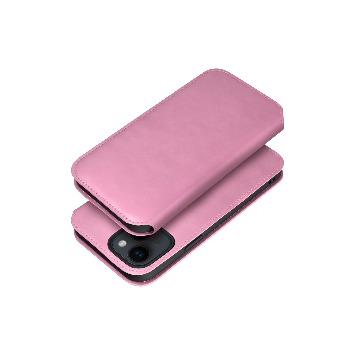 Custodia rosa per telefono, chiusa, con un iPhone all'interno. La custodia è in pelle, con chiusura magnetica.