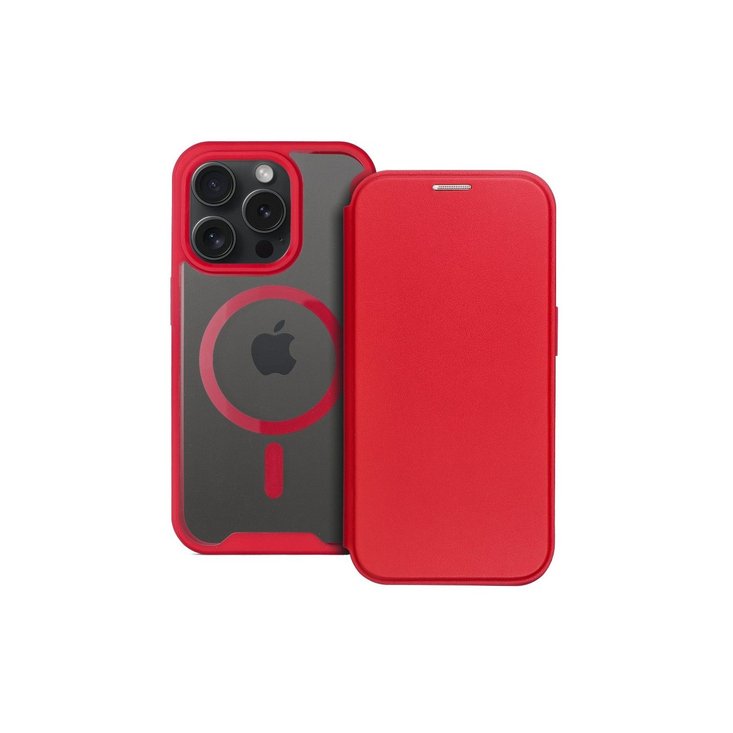 Custodia rossa per telefono con sezione fotocamera nera e logo Apple. Ha una cover frontale separata.