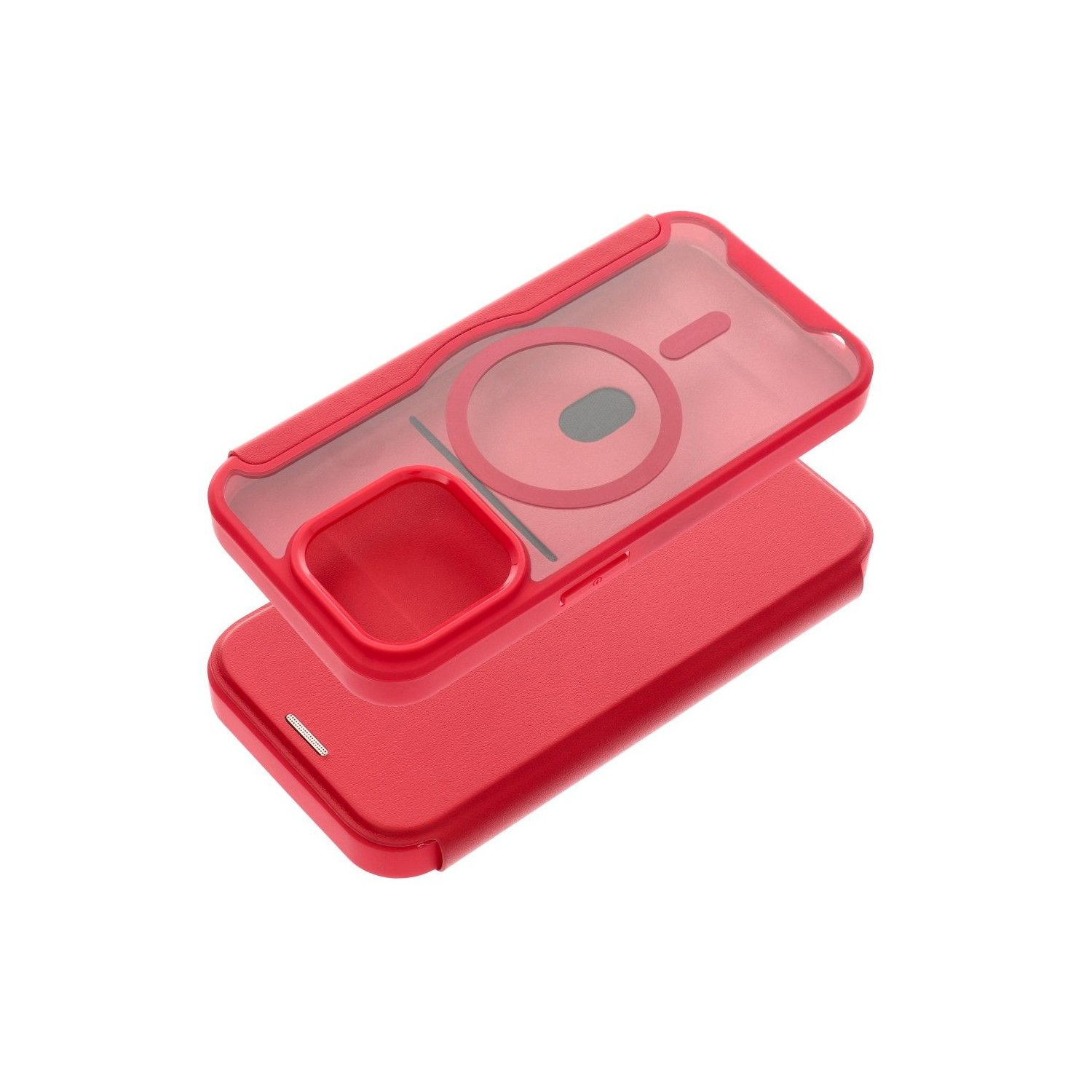 Custodia rossa del telefono aperta, che mostra un retro trasparente e un anello per MagSafe.