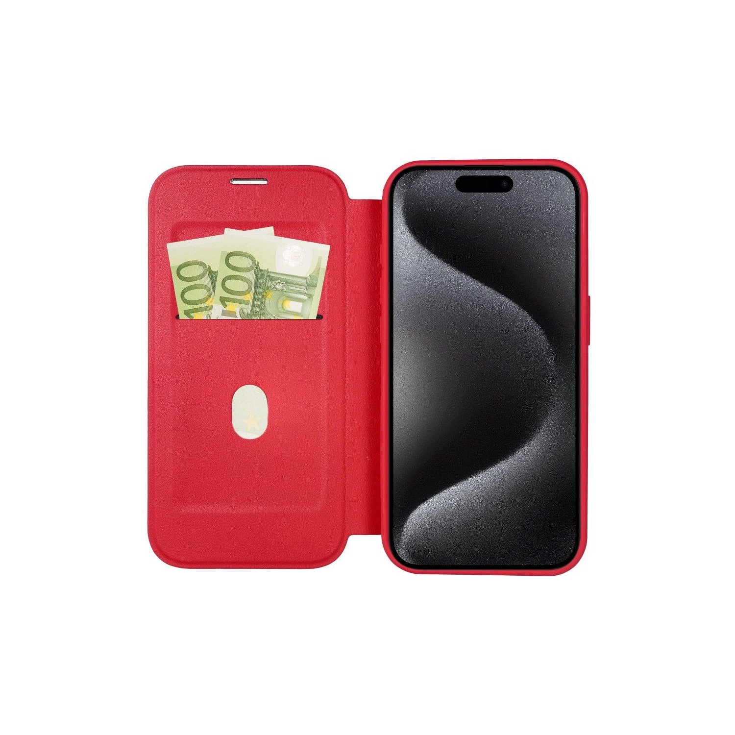 Custodia rossa per telefono con portafoglio, contenente denaro, con telefono nero dentro.