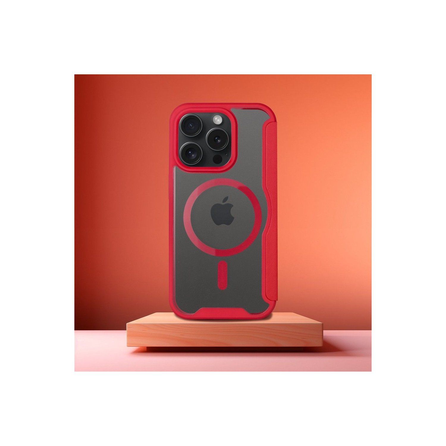 Una custodia rossa per iPhone su un supporto di legno con sfondo rosso.