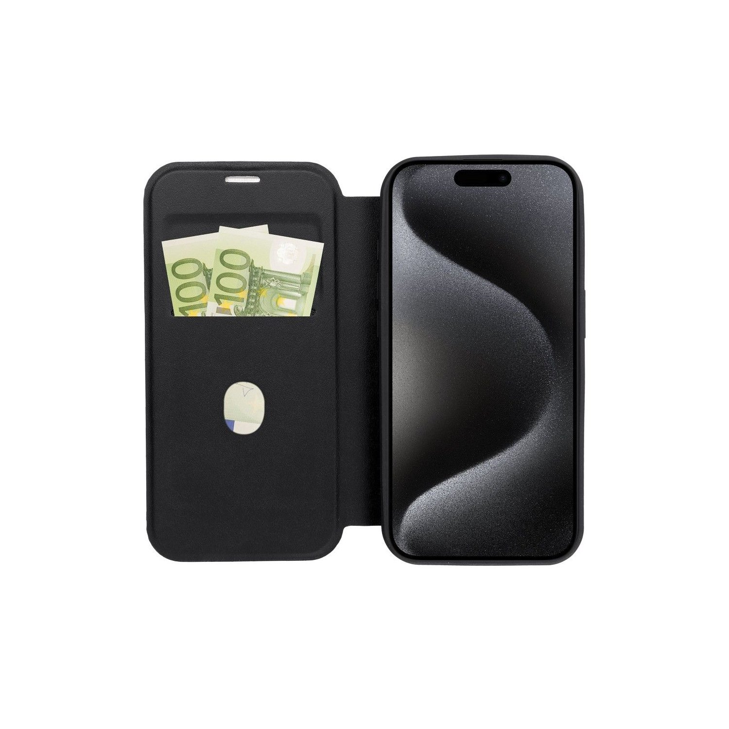 Custodia nera del telefono aperta, con denaro nella tasca sinistra e lo schermo del telefono a destra.