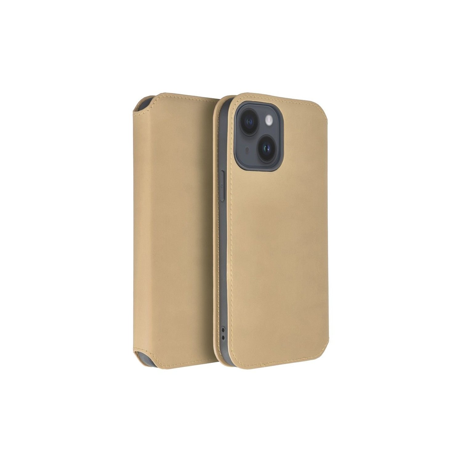 Custodia beige aperta con un telefono all'interno. Il telefono ha due fotocamere. Isolato su sfondo bianco.