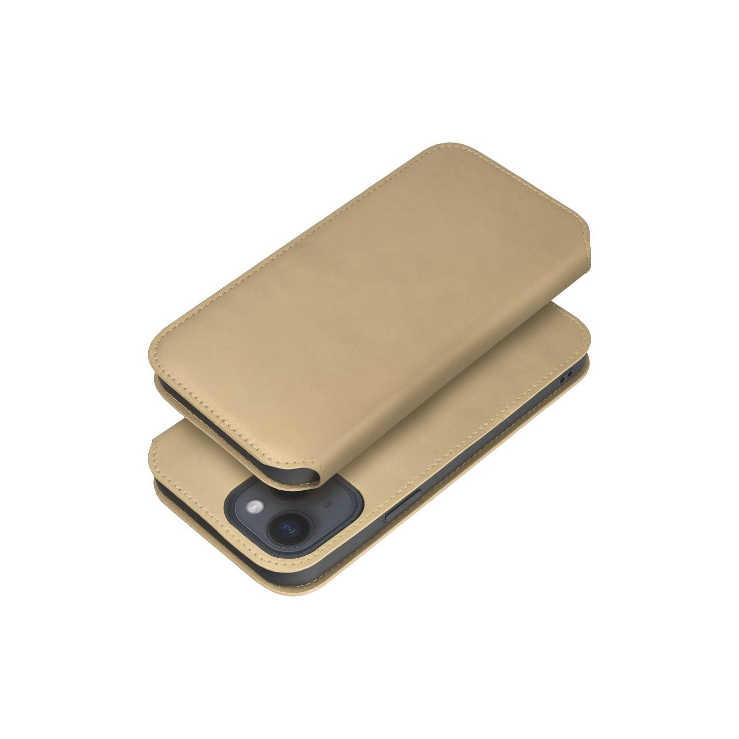Custodia per telefono color cuoio, aperta e che mostra la fotocamera del telefono.