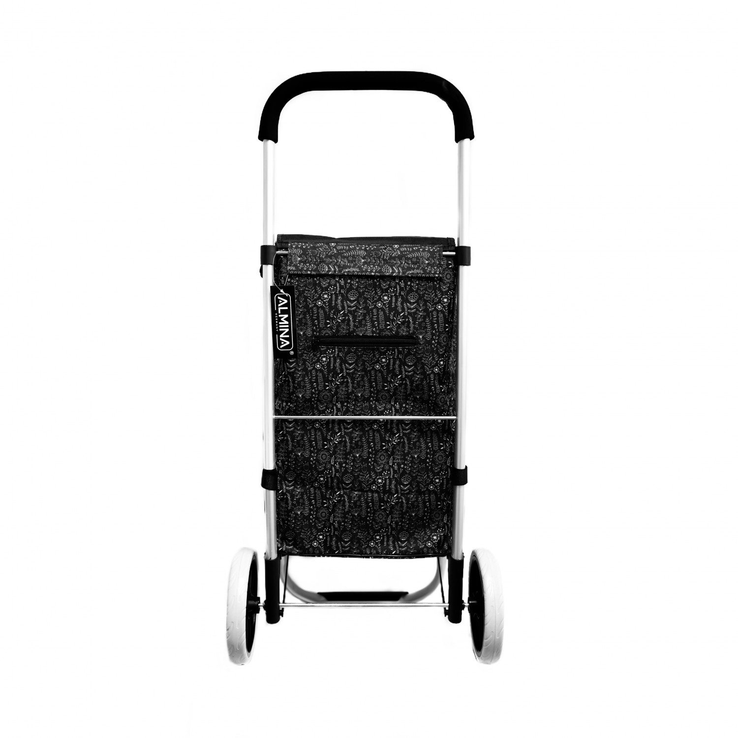 Einkaufswagen, schwarz gemusterte Tasche, silberner Rahmen, weiße Räder.