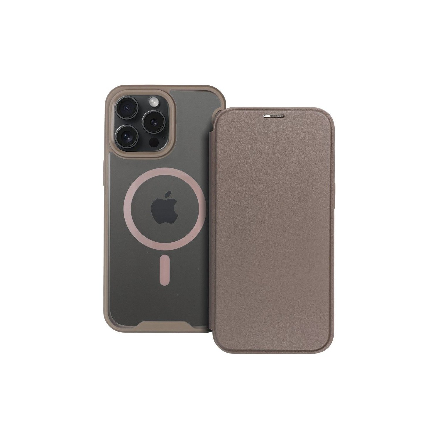 Custodia marrone per telefono con cerchio magnetico rosa. Il telefono è visibile nella custodia.