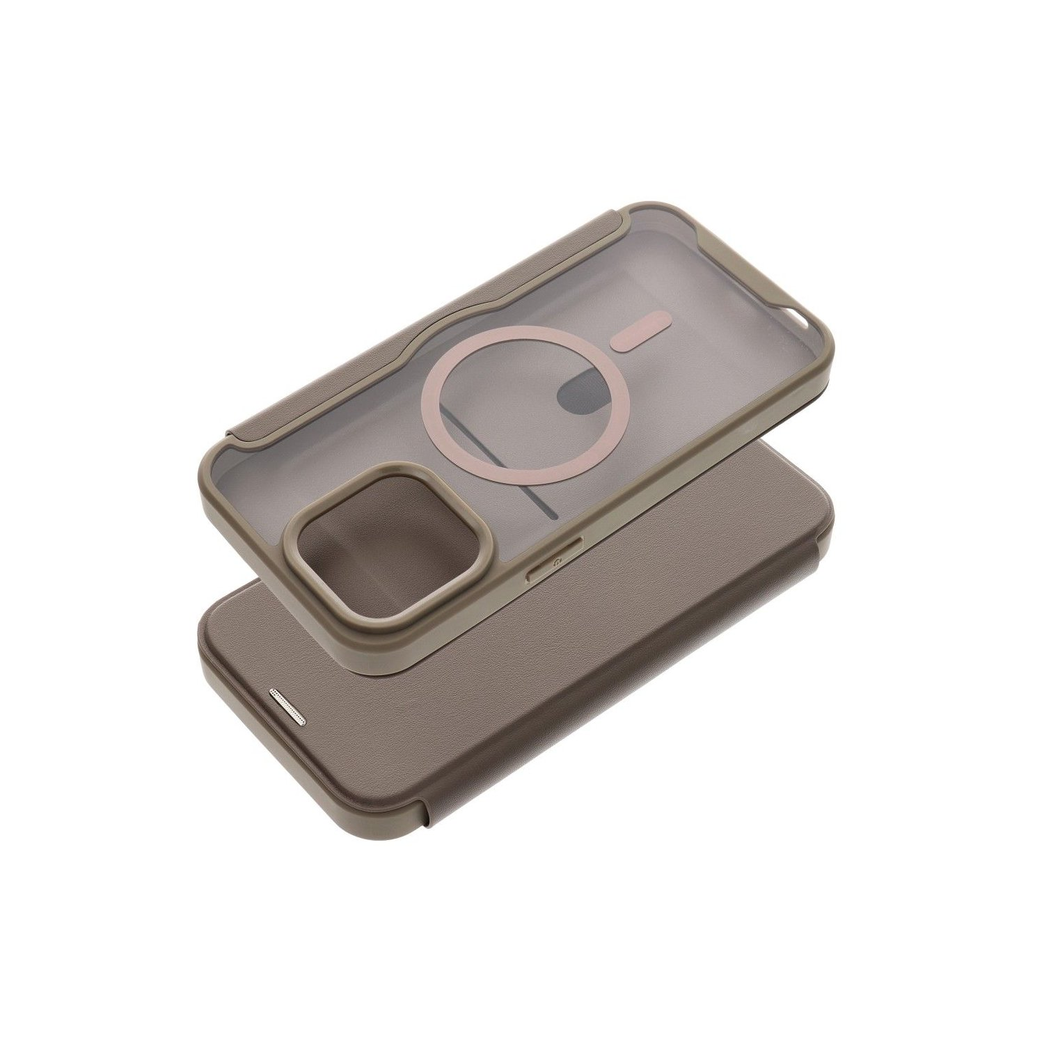 Una custodia per telefono in due parti. È marrone chiaro e trasparente con un anello magnetico.