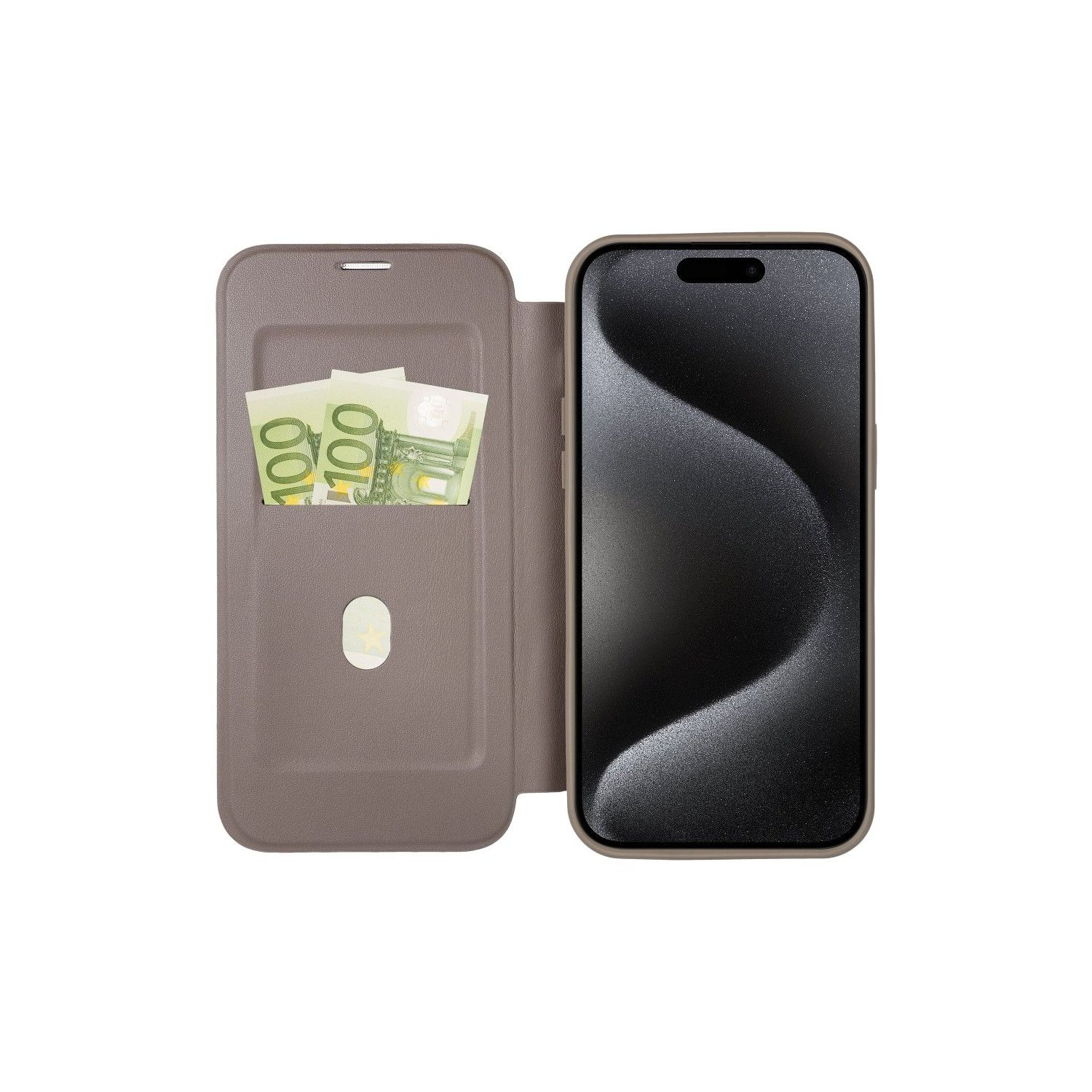 Custodia marrone aperta con telefono e contanti. Sfondo bianco.