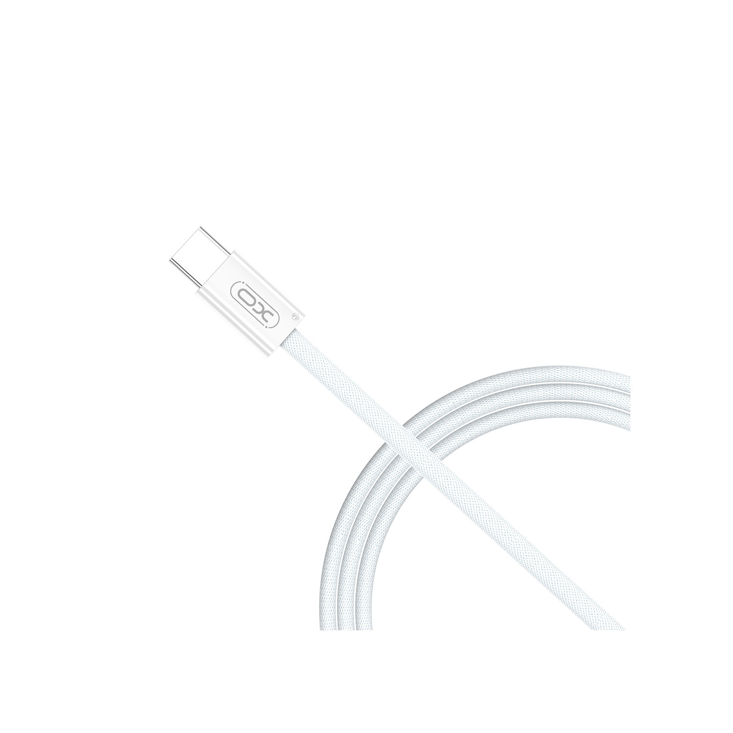 Weißes USB-C-Kabel. Das Ende hat einen schwarzen und silbernen Stecker, mit Markennamen darauf.