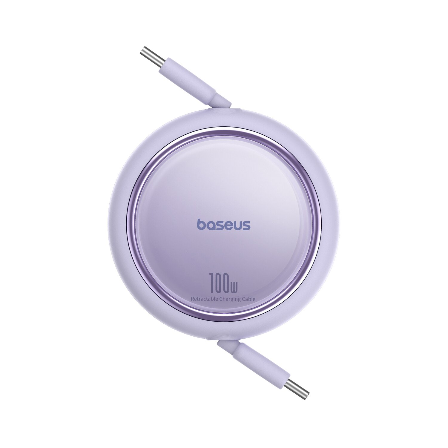Fioletowy, okrągły kabel ładujący z logo 'baseus' i napisem '100W'.