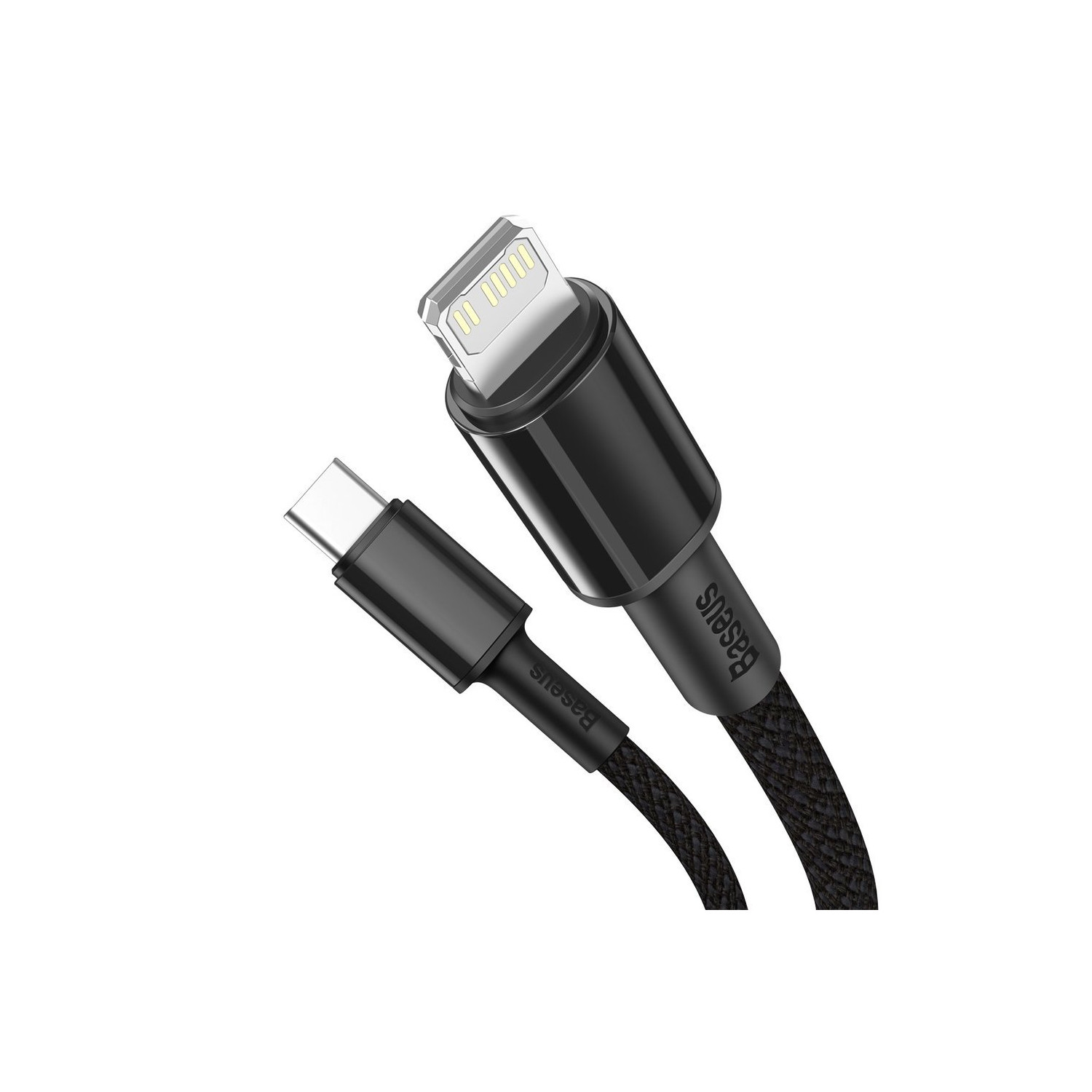 Czarny kabel USB-C do Lightning. Czarny kabel ze złączem USB-C na jednym końcu i złączem Lightning na drugim.