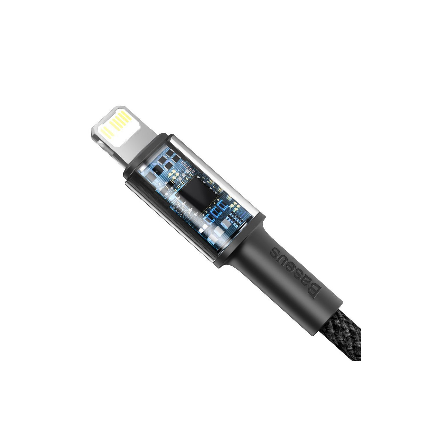 Czarny kabel ładujący Baseus z przezroczystym złączem pokazującym obwody wewnętrzne, na białym tle.