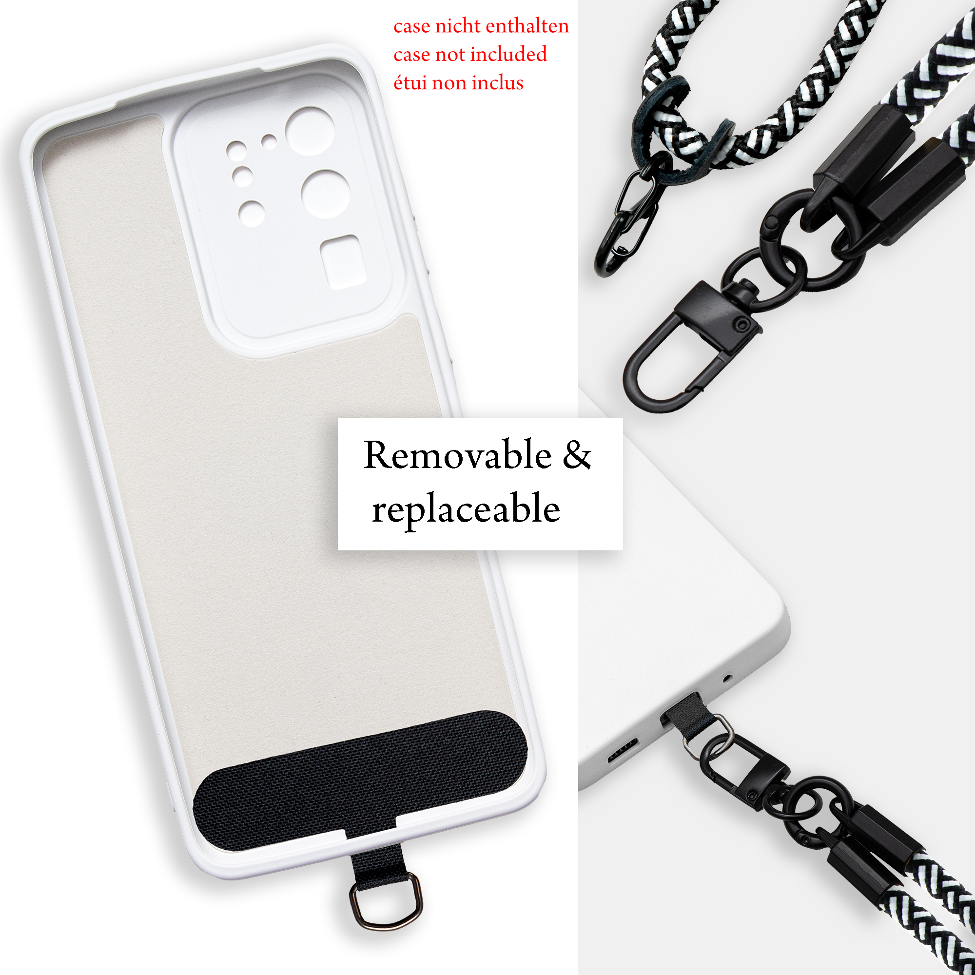 Weißes Handy-Case mit schwarz-weißem Schlüsselband. Text: 'Abnehmbar & austauschbar'.