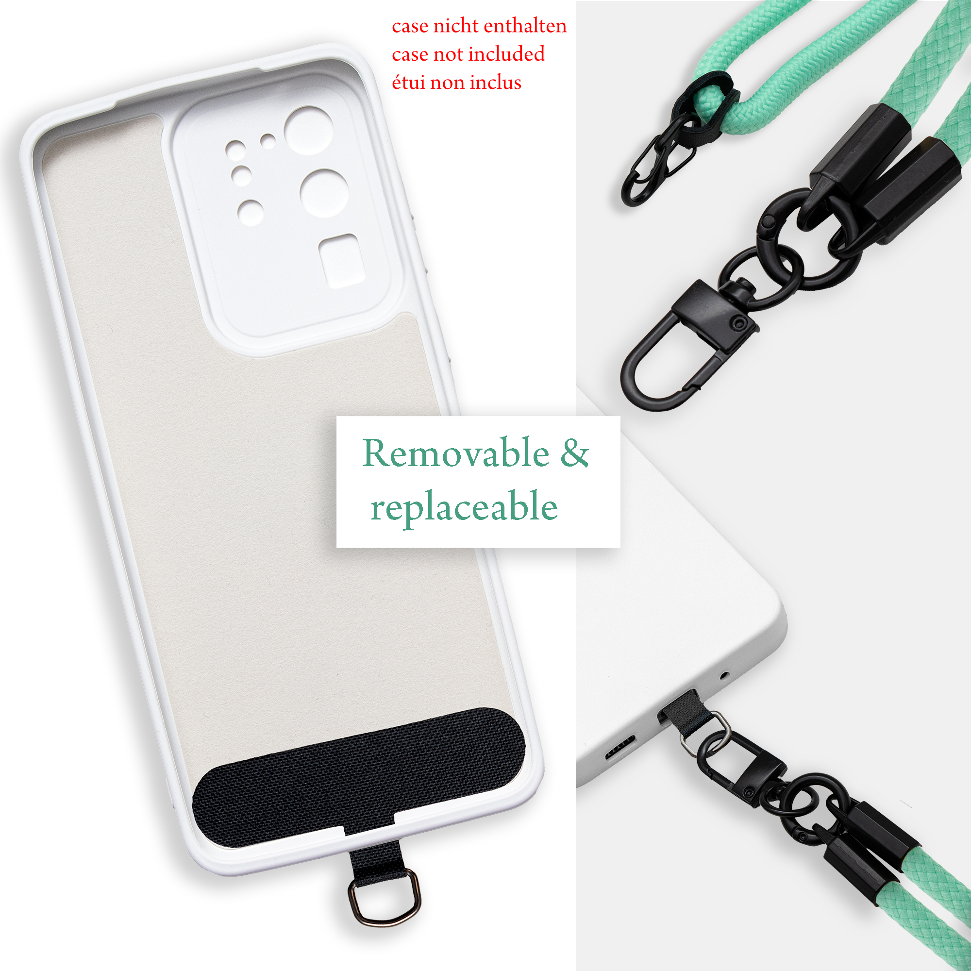 Weiße Handyhülle mit Lanyard und Zubehör. Text: Abnehmbar und austauschbar.