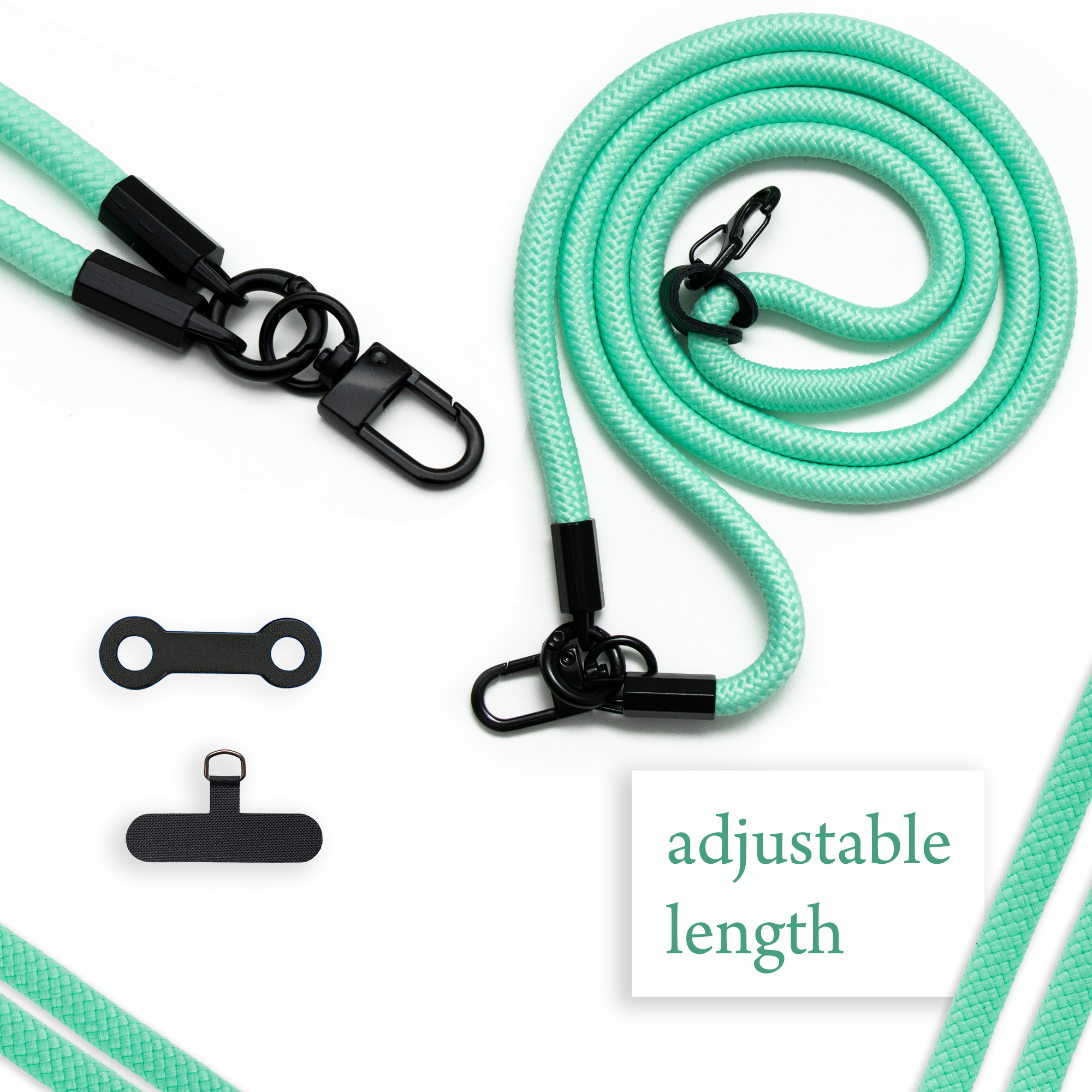 Minzgrünes Telefon-Lanyard, schwarze Haken und Zubehör. Text: Einstellbare Länge.