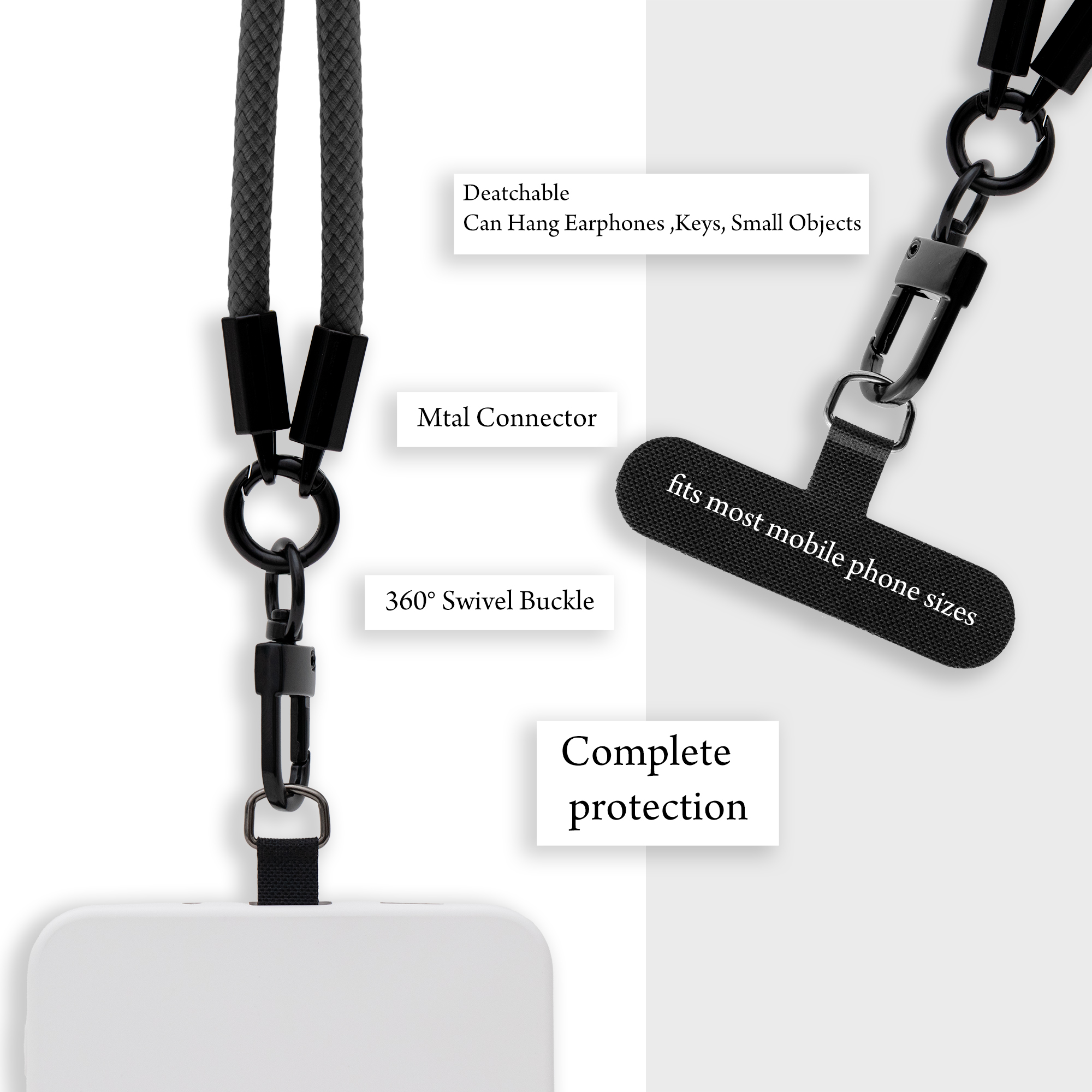 Schwarzes Schlüsselband mit schwarzen Verbindern und einem Telefon. Text: vollständiger Schutz, passt für die meisten Handys.