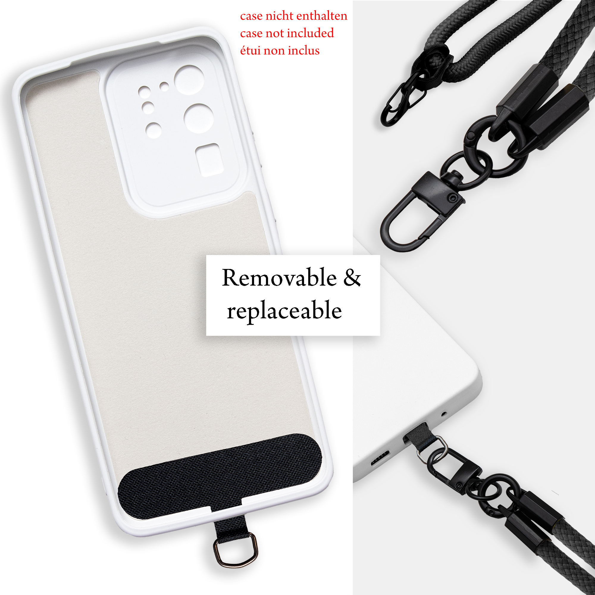 Weißes Handy-Case mit schwarzem Schlüsselband. Text: 'Abnehmbar & austauschbar'.