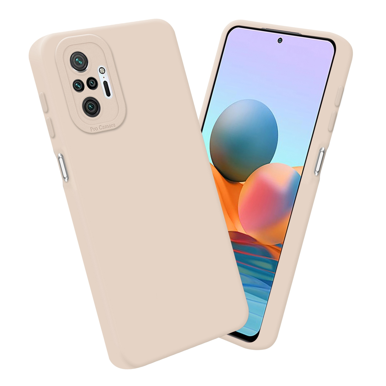 Custodia per telefono beige, che copre uno schermo del telefono con sfere blu e arancioni.