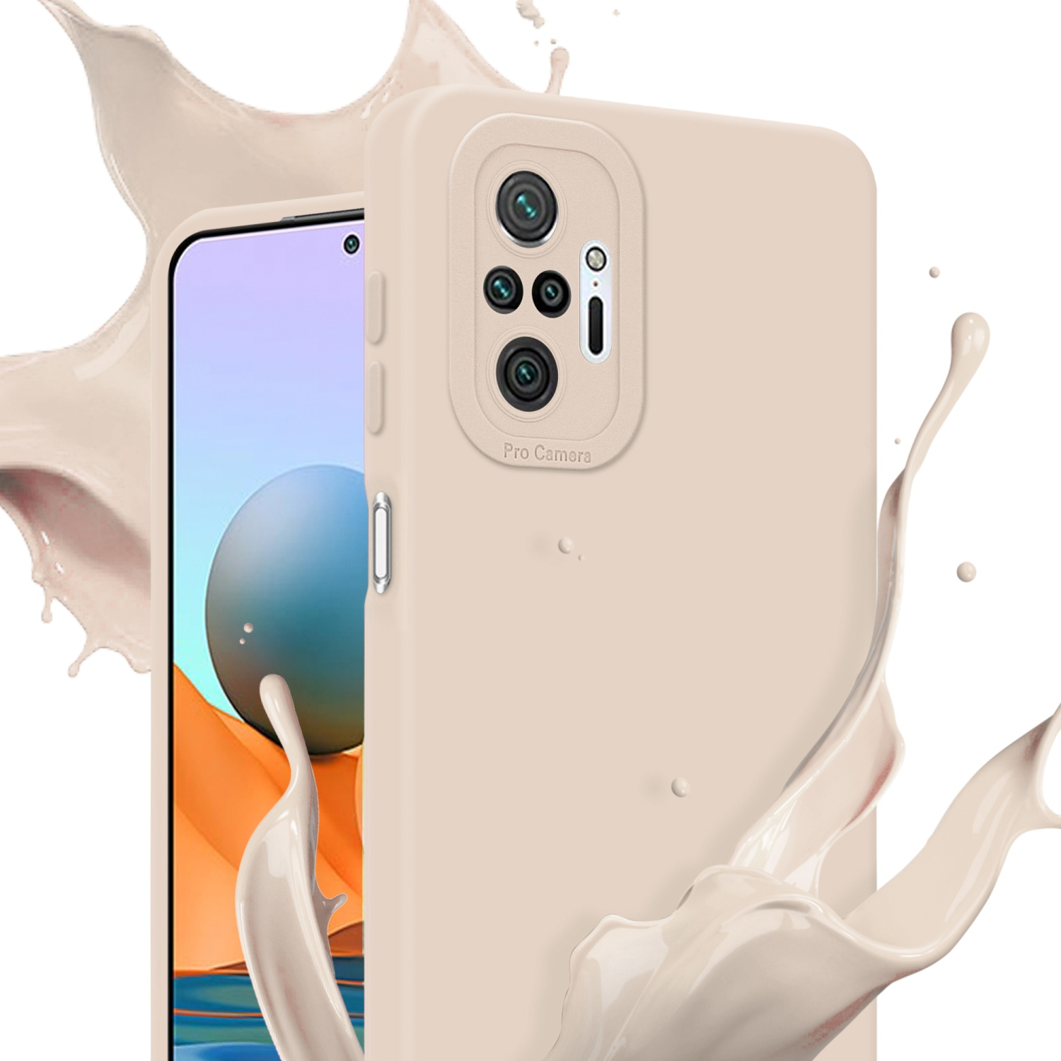 Custodia beige con spruzzi di liquido. Pro Camera è visibile.